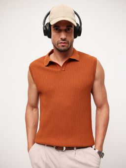 Dennis Lingo - Men Rust Cotton Textured Relaxed Polo T-Shirt