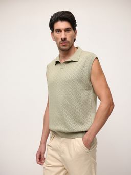 Dennis Lingo - Men Olive Cotton Textured Relaxed Polo T-Shirt