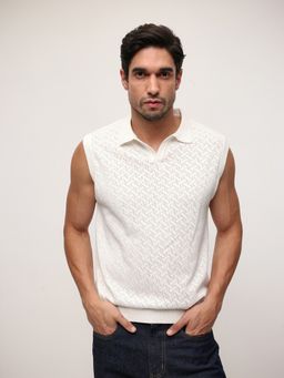 Dennis Lingo - Men Off White Cotton Textured Relaxed Polo T-Shirt