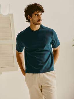 Andamen - Men Cotton Poly Embroidered Relaxed Fit Crew Teal T-Shirt