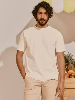 Andamen - Men Pure Cotton Embroidered Crew Off White T-Shirt