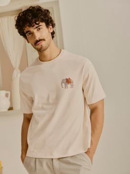 Andamen - Men Pure Cotton Embroidered Relaxed Fit Crew Off White T-Shirt