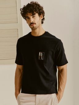 Andamen - Men Pure Cotton Embroidered Relaxed Fit Crew Black T-Shirt