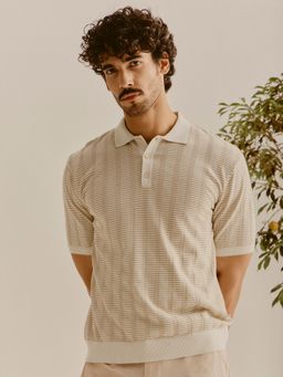 Andamen - Men Pure Cotton Structured Relaxed Fit Off White Polo T-Shirt