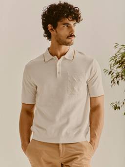 Andamen - Men Pure Cotton Moss Knit Structured Relaxed Fit Off White Polo T-Shirt