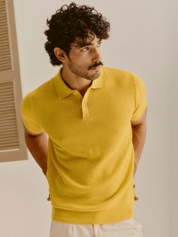 Andamen - Men Pure Cotton Pointelle Structured Yellow Polo T-Shirt