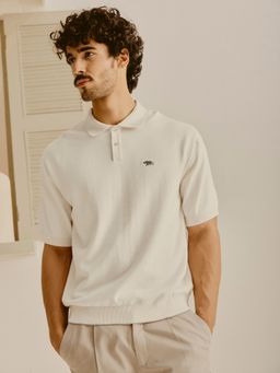 Andamen - Men Pure Cotton Tipping Detail Relaxed Fit Off White Polo T-shirt