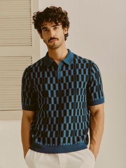 Andamen - Men Pure Cotton Transfer Knit Relaxed Fit Blue Polo T-shirt