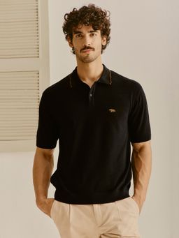 Andamen - Men Pure Cotton Jacquard Relaxed Fit Black Polo T-shirt
