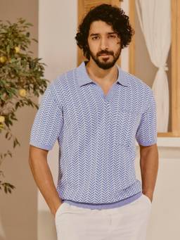 Andamen - Men Pure Cotton Jacquard Relaxed Fit Blue Polo T-shirt