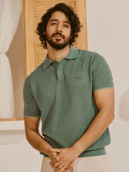 Andamen - Men Pure Cotton Waffle Structured Green Polo T-Shirt