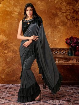 Odette - Grey Lycra Designer Saree with Unstitched Blouse