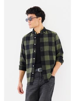 Snitch - Olive Green Checks Full Sleeves Slim Casual Shirt for Men