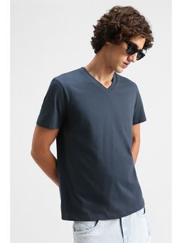 Snitch - Navy Blue Solid Half Sleeves Regular Casual T-Shirt for Men