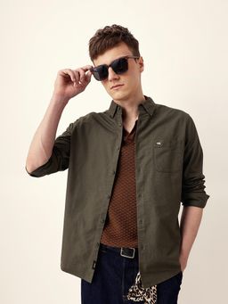 The Bear House - Men’s Modern Fit Casual Striped Olive Shirt