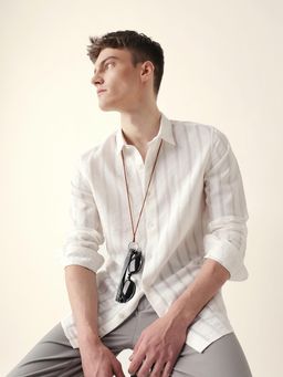 The Bear House - Men’s Casual Vertical Stripe White Shirt