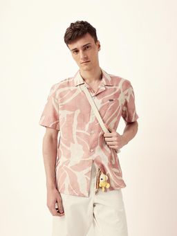 The Bear House - Men’s Casual Leaf Print Pink Shirt