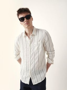 The Bear House - Men’s Casual Vertical Stripe White Shirt