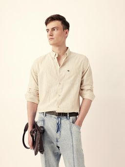 The Bear House - Men’s Casual Vertical Strip Cream Shirt