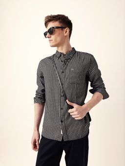 The Bear House - Men’s Casual Vertical Stripe Black Shirt