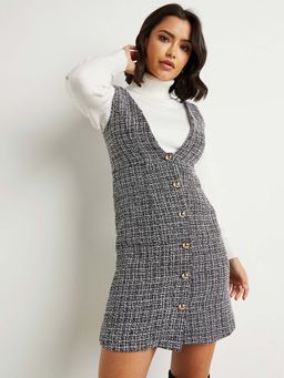 Styli - Grey Deep V Neck Tweed Mini Dress