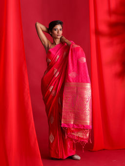 Beatitude - Pink Banarasi Saree with Unstitched Blouse