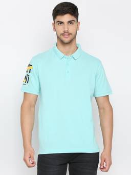 Spykar - Bleached Aqua Cotton Half Sleeve Plain Polo T-Shirt For Men