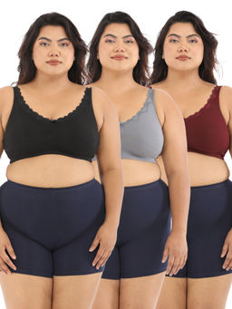 Adira - Women Plus Size Black Grey & Maroon Regular Bliss Bra (Pack of 3)