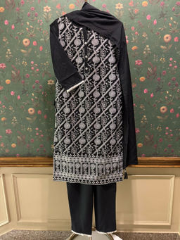 HERITAGE - Noir Black Cotton Kurta With Pant & Dupatta With Floral Embroidery