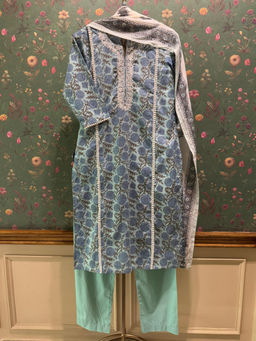 HERITAGE - Sky Blue Floral Kurta With Pant & Dupatta
