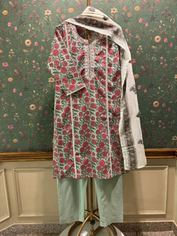 HERITAGE - Pistachio Green Floral Cotton Kurta With Pant & Dupatta