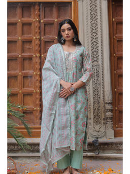 HERITAGE - Green Straight Fit Chanderi Kurta With Pant & Dupatta