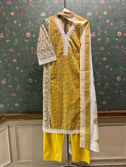 HERITAGE - Sunlit Yellow Bloom Cotton Kurta With Pant & Dupatta
