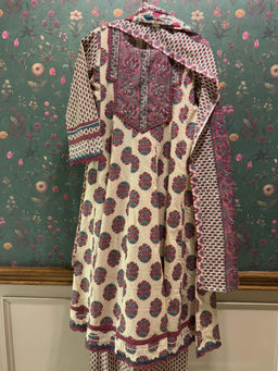 HERITAGE - Beige Cotton Anarkali Kurta With Pant & Dupatta