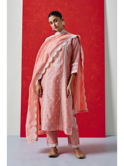 HERITAGE - Zariya Embroidered Chanderi Kurta With Pant & Dupatta - Pink