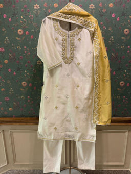 HERITAGE - Ivory And Yellow Chanderi Kurta With Pant & Dupatta With Mirror Work
