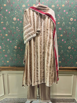 HERITAGE - Beige Bamboo Silk A-Line Kurta With Pant & Dupatta