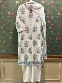 HERITAGE - White And Blue Straight Fit Cotton Kurta With Pant & Dupatta