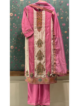 HERITAGE - Jacquard Embroidered Kurta With Pant & Dupatta - Pink And Beige