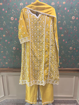HERITAGE - Yellow Cotton A-Line Kurta With Pant & Dupatta