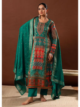 HERITAGE - Emerald Green Dola Jacquard Kurta With Pant & Dupatta