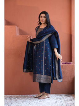 HERITAGE - Royal Blue Dola Jacquard Kurta With Pant & Dupatta