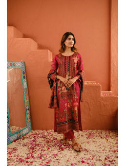 HERITAGE - Deep Rose Pink Dola Jacquard Kurta With Pant & Dupatta With Dabka Work