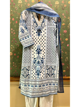 HERITAGE - Blue Straight Fit Cotton Kurta With Pant & Dupatta