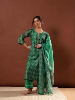 HERITAGE - Emerald Green Chanderi Kurta With Pant & Dupatta