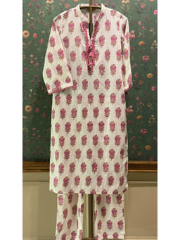 HERITAGE - Cream And Pink Straight Fit Cotton Kurta With Pant