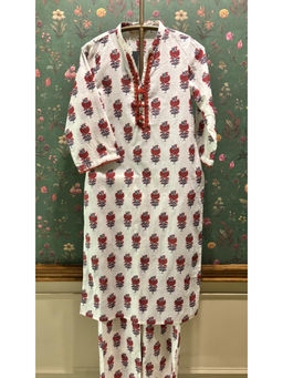 HERITAGE - Cream And Red Straight Fit Cotton Kurta With Pant