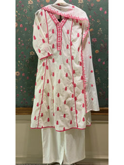 HERITAGE - Ivory Cotton Charm A-Line Kurta With Pant & Dupatta (Fuchsia Pink)