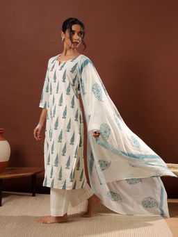 HERITAGE - Sea Green Floral Kurta With Pant & Dupatta