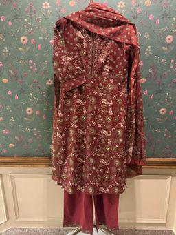 HERITAGE - Maroon Floral Cotton Kurta With Pant & Dupatta
